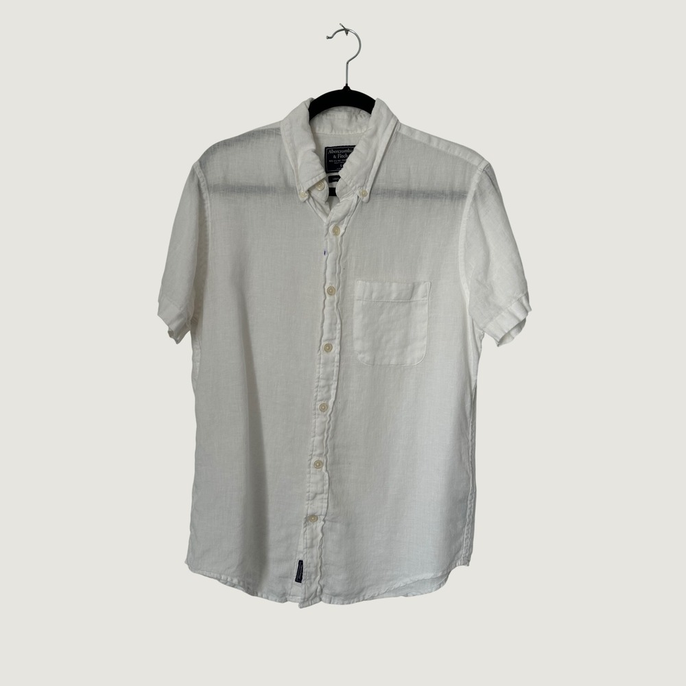 Abercrombie & Fitch Button Down Shirt Mens Small White 100% Linen Short Sleeve